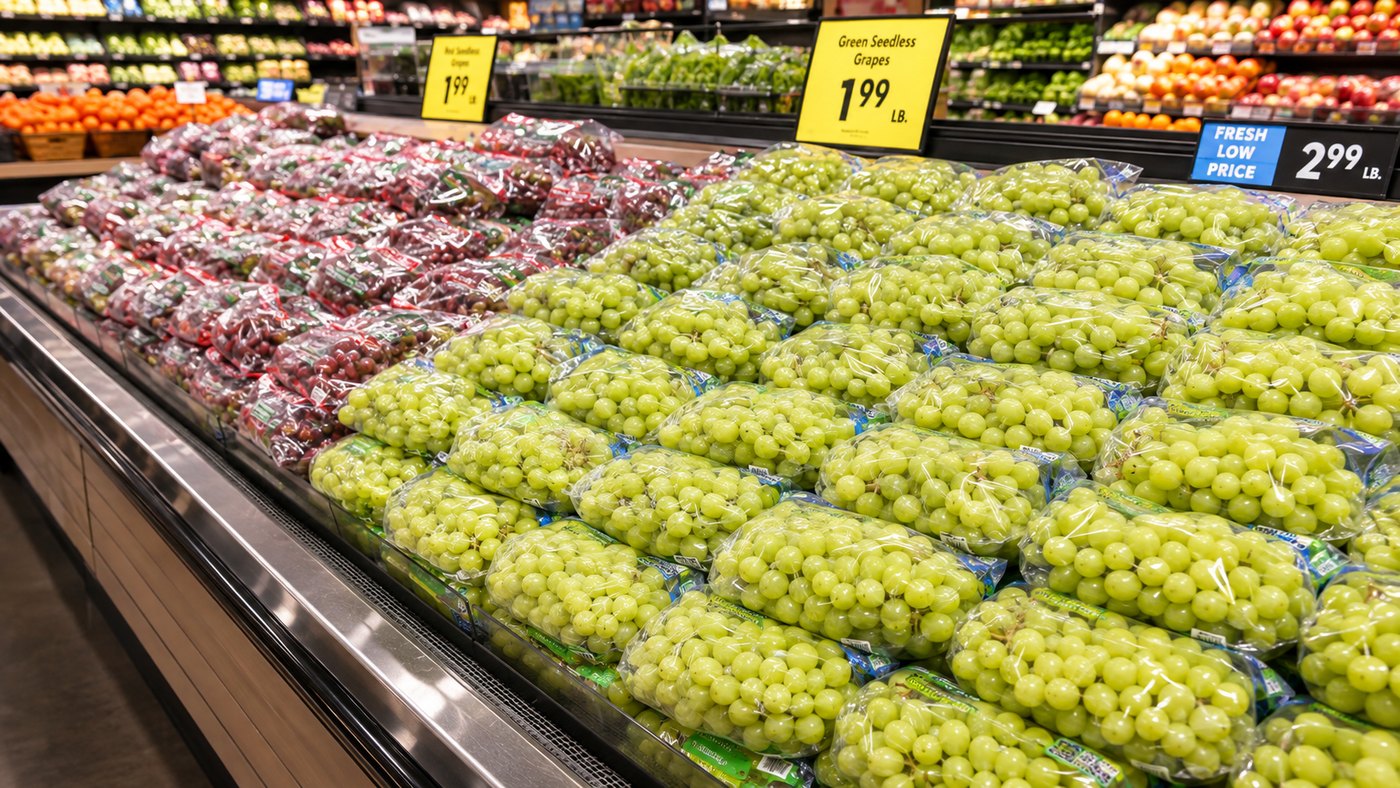 Bagged table grapes on a refrigerated retail display