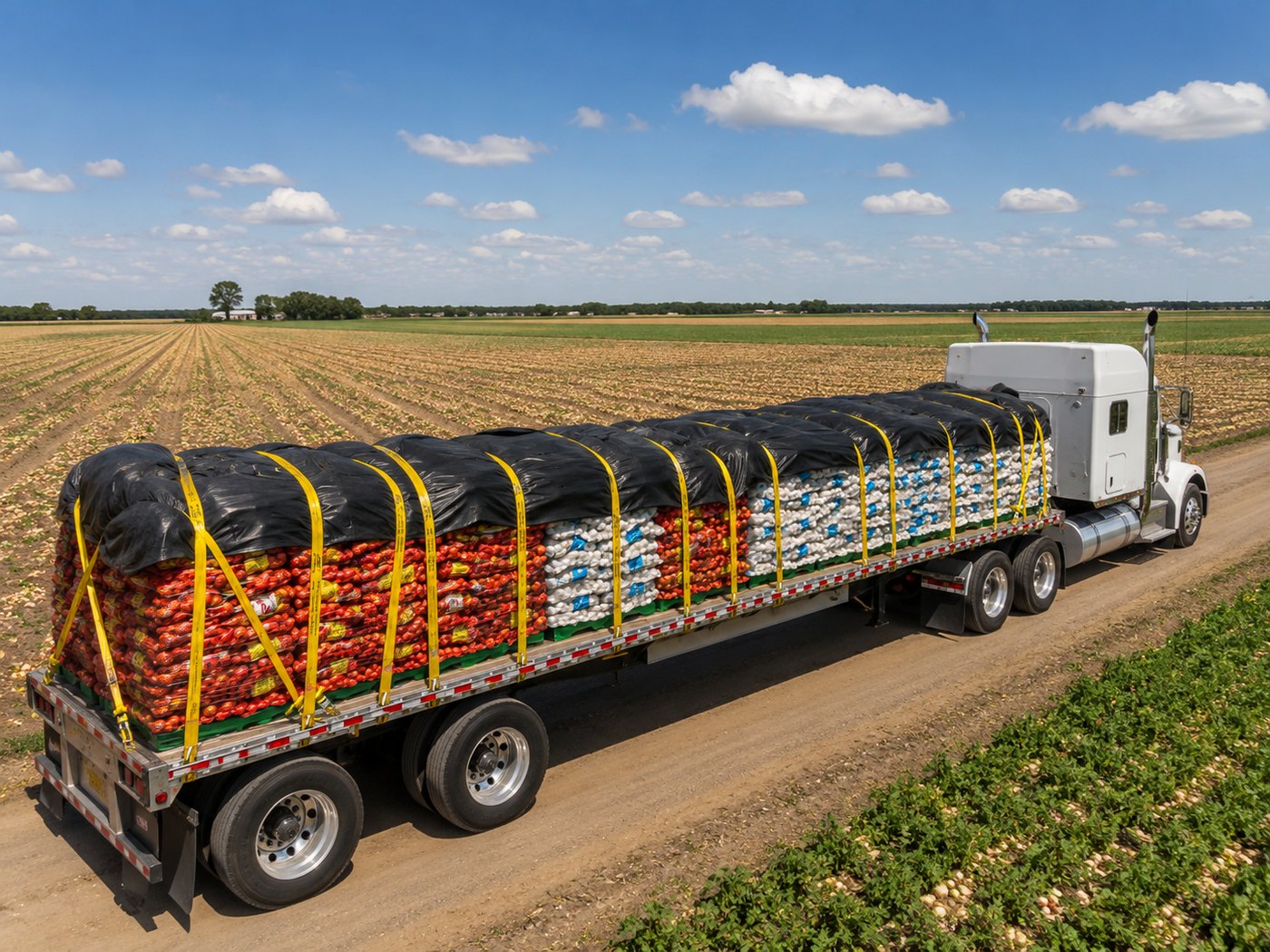 Flatbed trailer loaded with pallets of mesh-bagged onions leaving the field