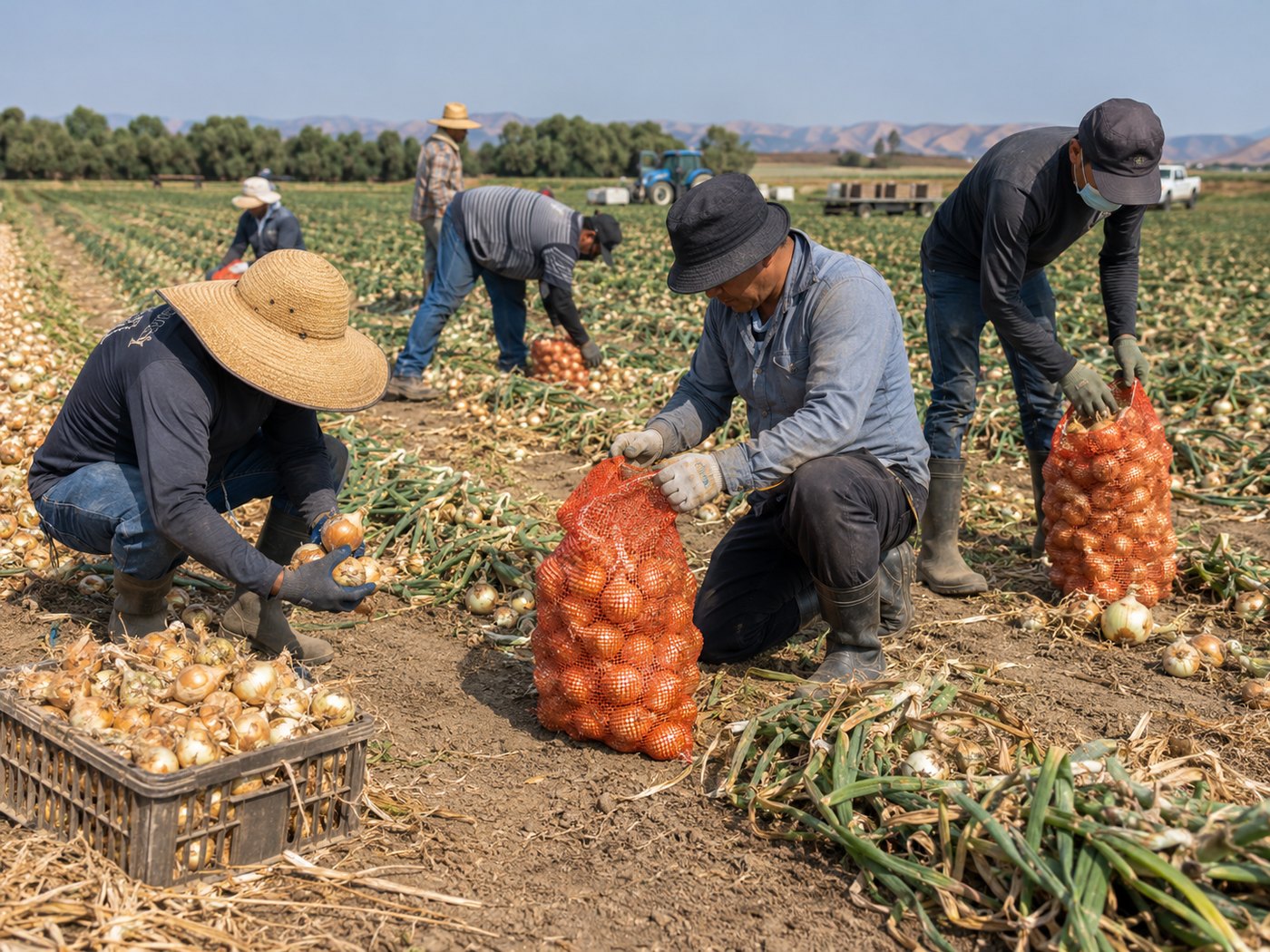 Field crew filling mesh bags with onions during harvest